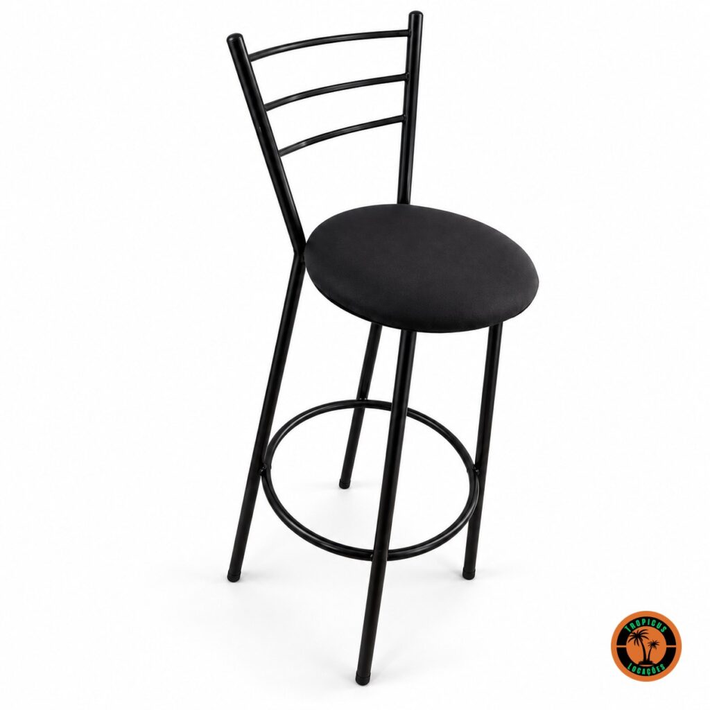Banqueta bistrô alta de metal preto, com assento redondo estofado, encosto de barras e apoio para os pés