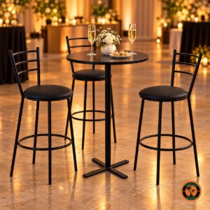 Três banquetas bistrô altas pretas em volta da mesa bistrô alta preta num salão elegante, com espumante e canapés