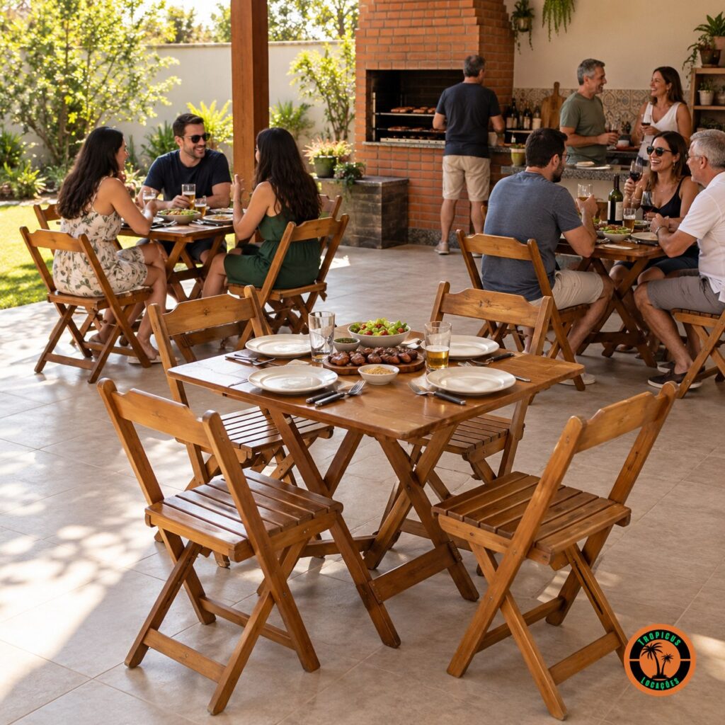 Mesas e cadeiras de madeira dobráveis numa área gourmet, com família e amigos num churrasco