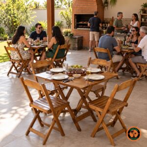 Mesas e cadeiras de madeira dobráveis numa área gourmet, com família e amigos num churrasco