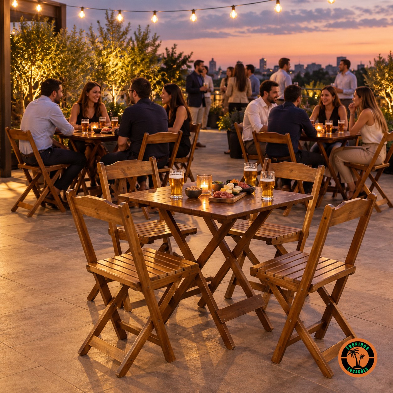 Mesas e cadeiras de madeira dobráveis num terraço ao entardecer, num happy hour de empresa