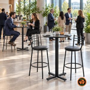 Conjuntos de mesa bistrô alta preta com duas banquetas cada, num coffee break de empresa em hall iluminado