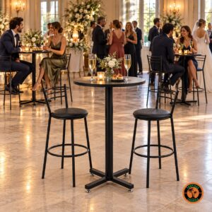 Conjuntos de mesa bistrô alta preta com duas banquetas cada, num coquetel de casamento em salão elegante