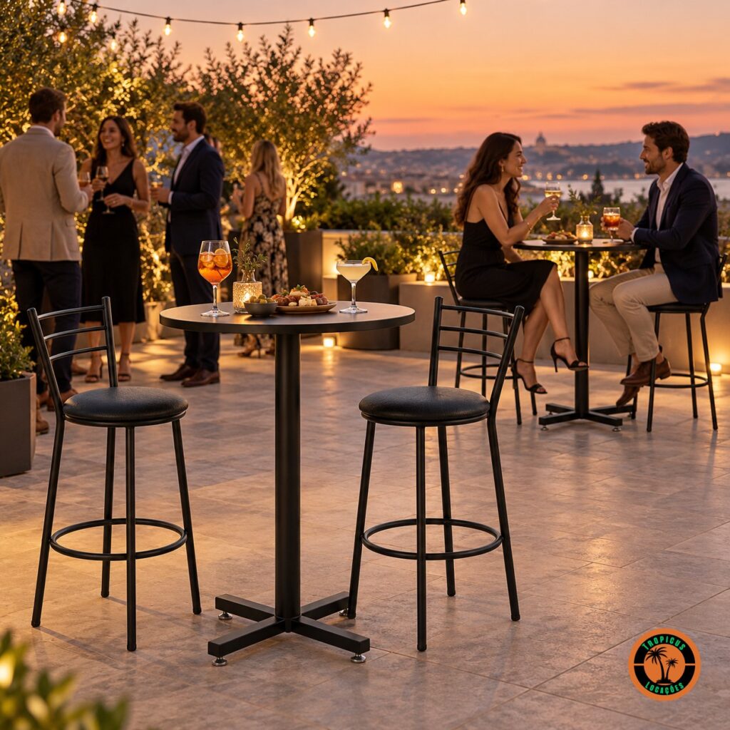 Conjuntos de mesa bistrô alta preta com duas banquetas cada, numa festa no terraço ao entardecer