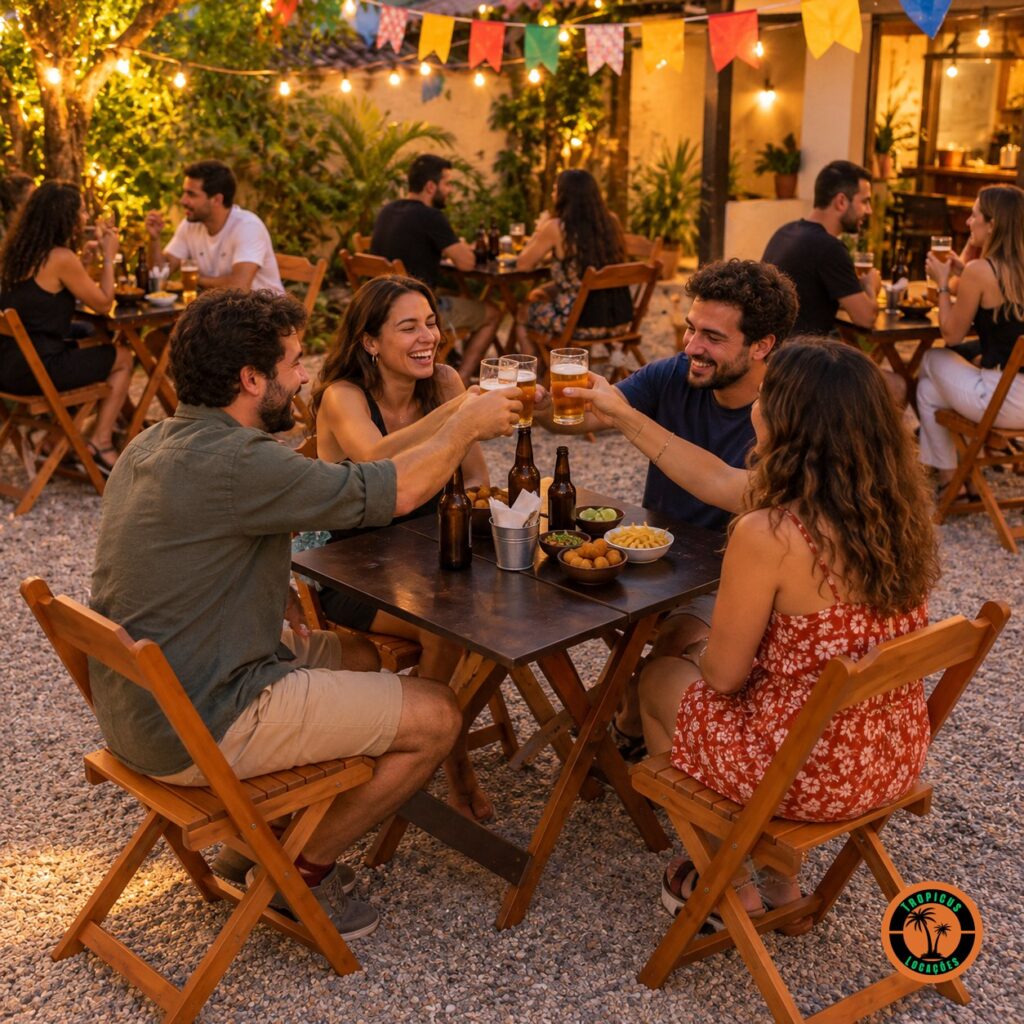 Amigos brindando em conjuntos de mesa e cadeiras de madeira numa festa de boteco no quintal