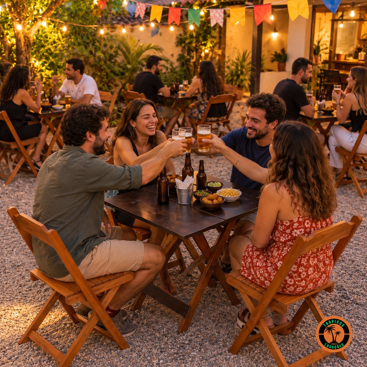 Amigos brindando em conjuntos de mesa e cadeiras de madeira numa festa de boteco no quintal