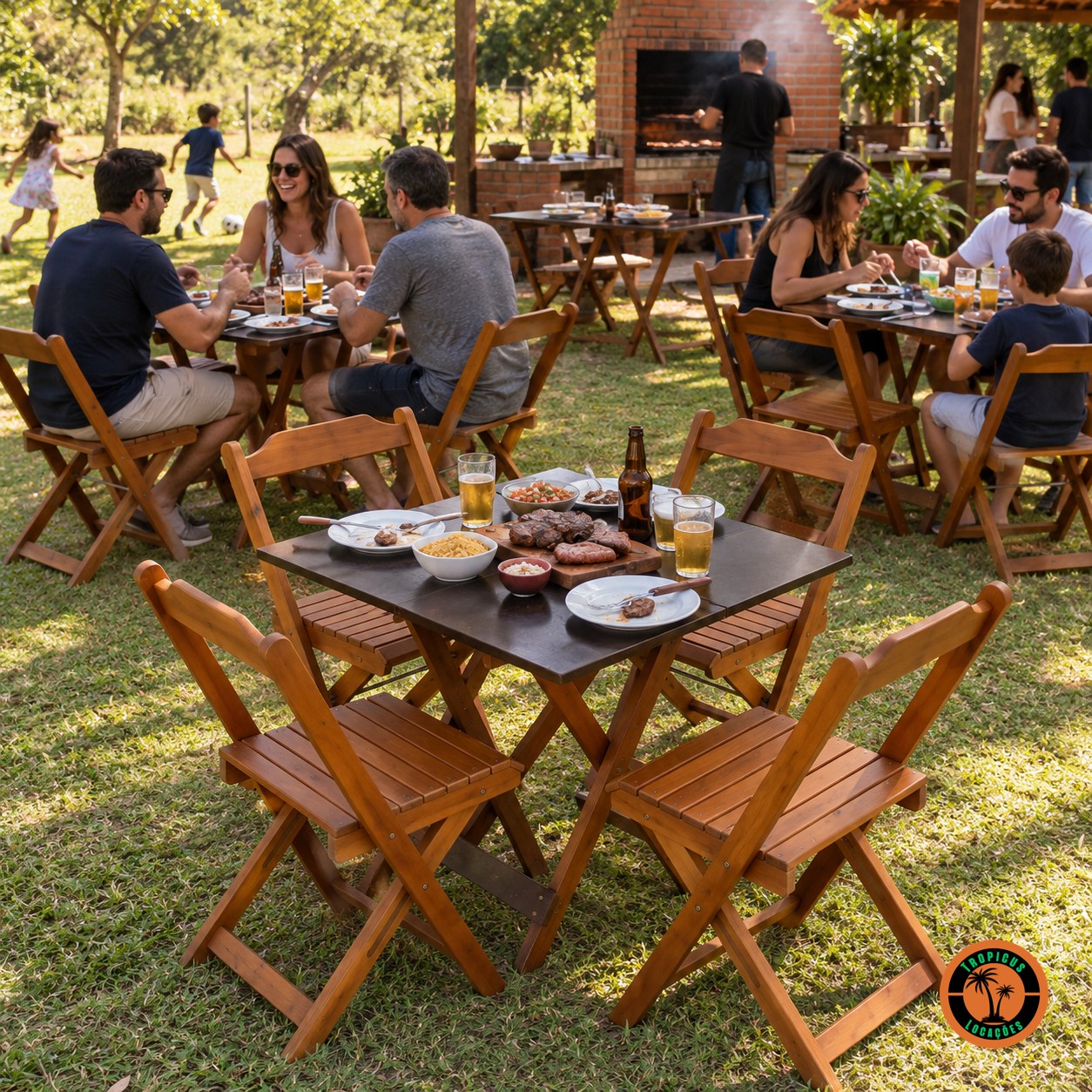 Conjuntos de mesa e cadeiras de madeira num churrasco no gramado, com churrasqueira ao fundo