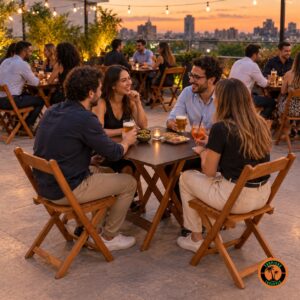 Colegas em conjuntos de mesa e cadeiras de madeira num happy hour no terraço ao entardecer