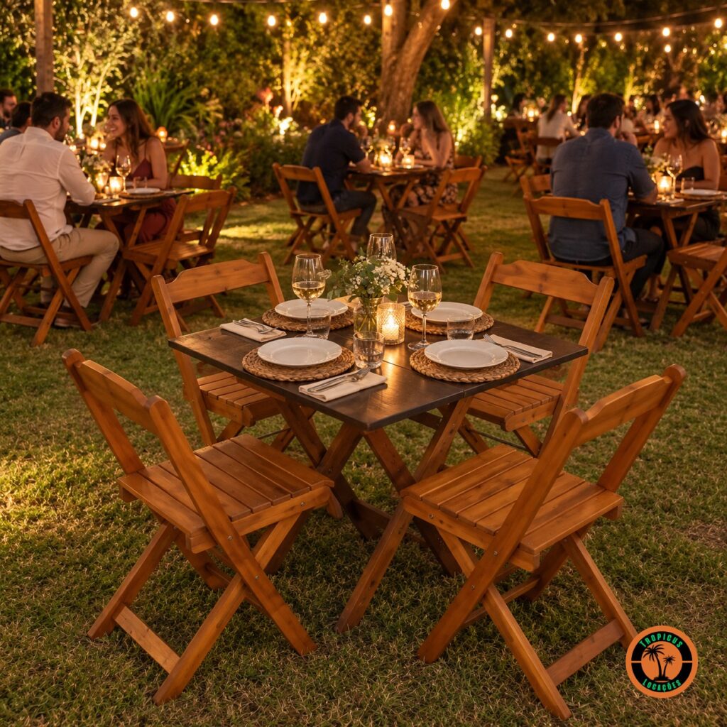 Conjuntos de mesa e cadeiras de madeira postos para jantar num jardim à noite, com varal de lâmpadas