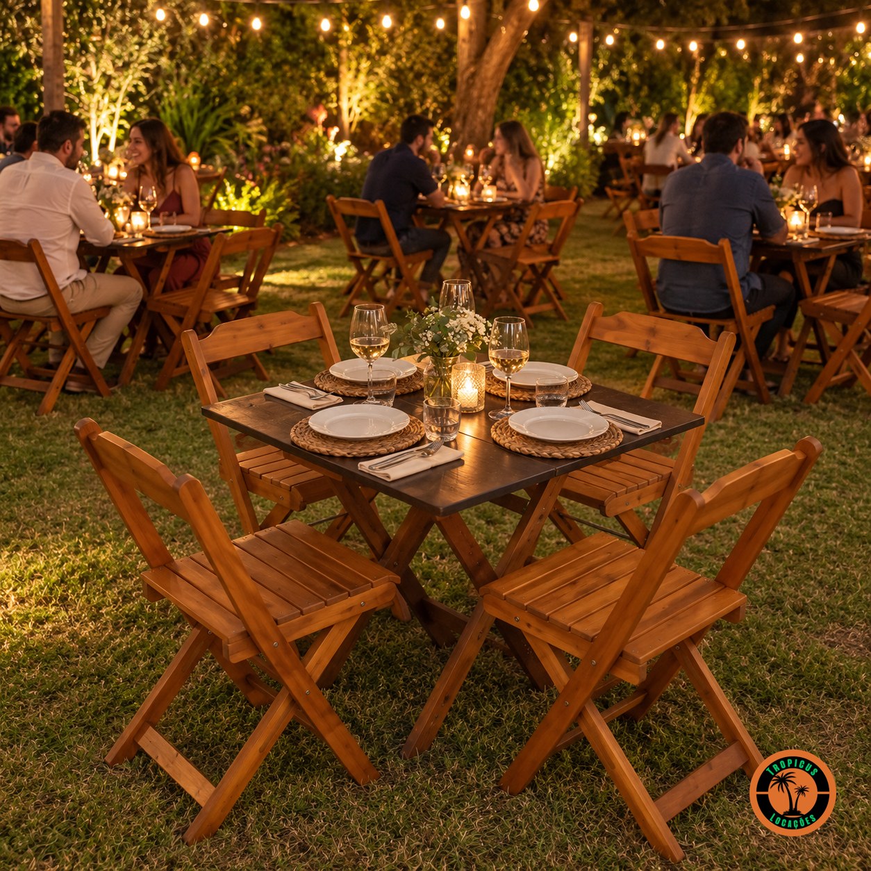 Conjuntos de mesa e cadeiras de madeira postos para jantar num jardim à noite, com varal de lâmpadas