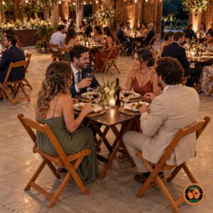 Convidados em conjuntos de mesa e cadeiras de madeira numa recepção de casamento rústico