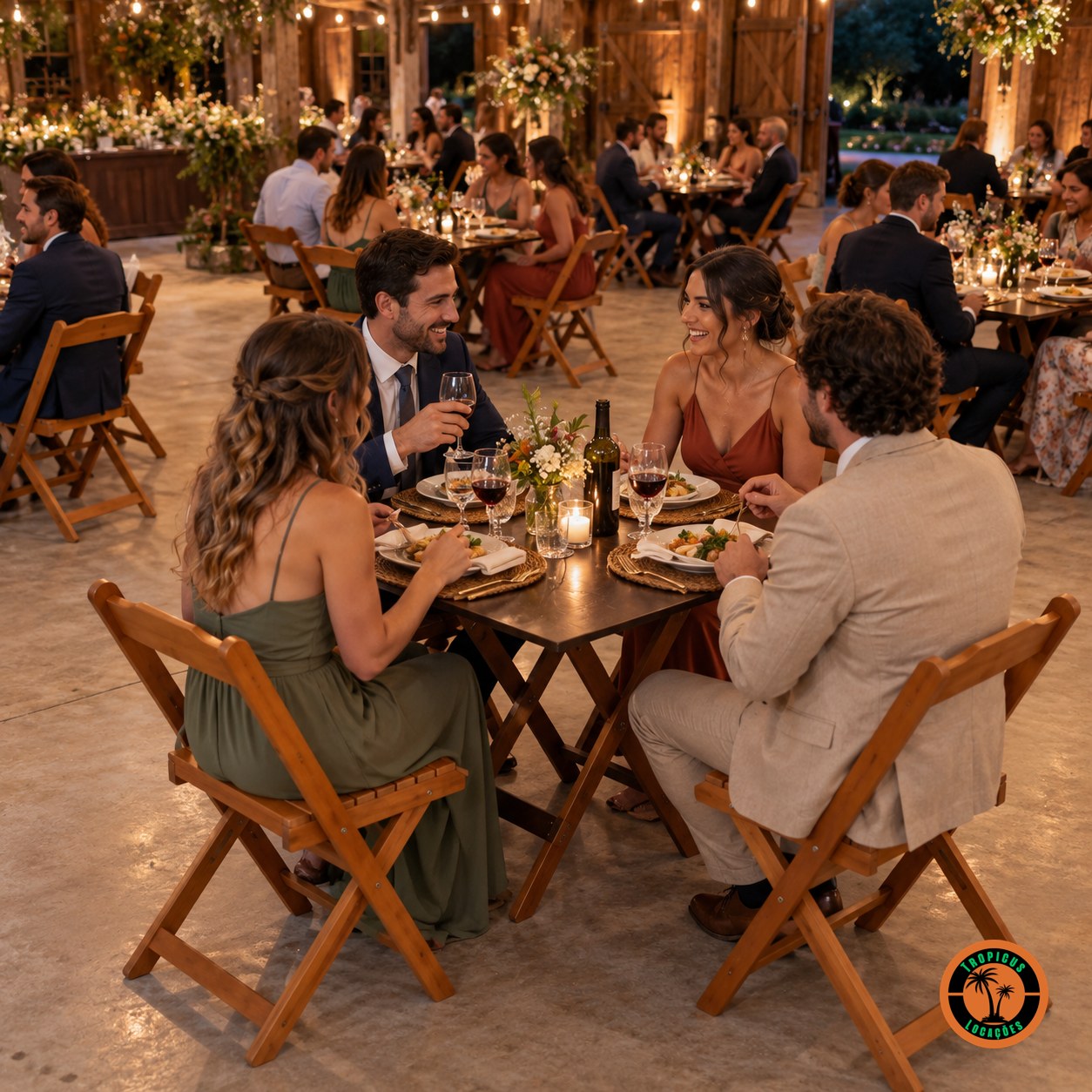Convidados em conjuntos de mesa e cadeiras de madeira numa recepção de casamento rústico