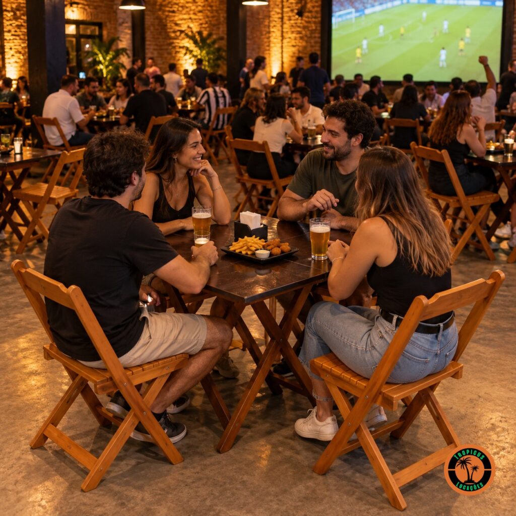 Amigos em conjuntos de mesa e cadeiras de madeira numa festa de pub com telão