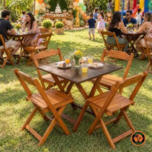 Conjuntos de mesa e cadeiras de madeira num aniversário infantil no quintal gramado