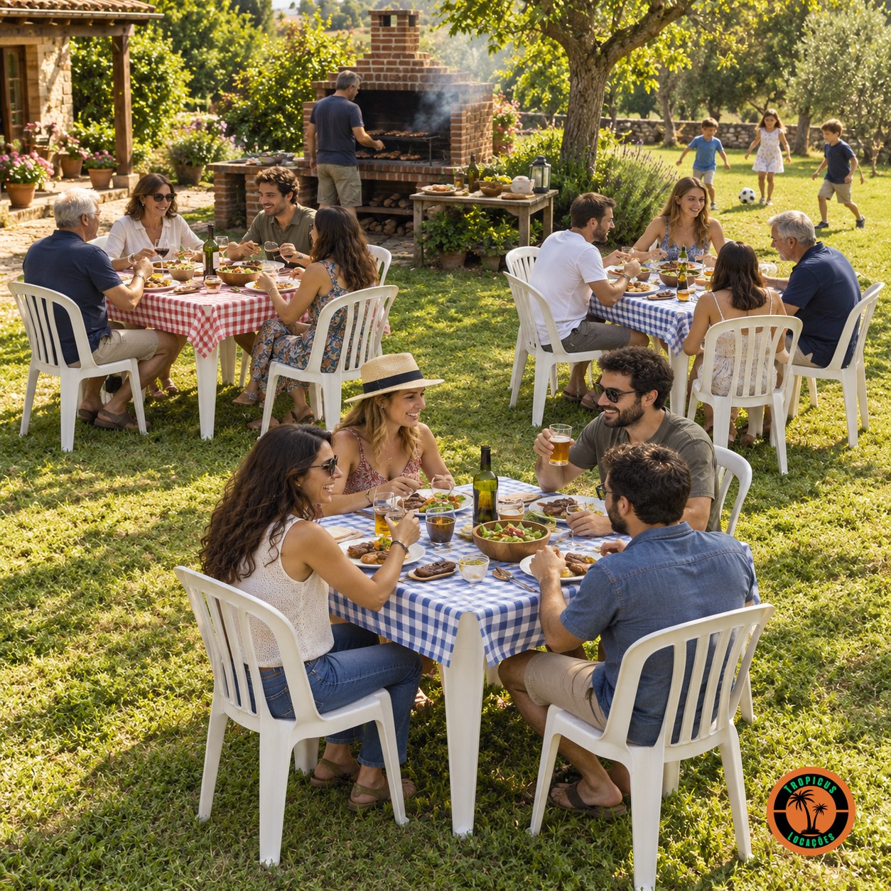 Conjuntos de mesa e cadeiras plásticas brancas com toalhas xadrez num churrasco no gramado