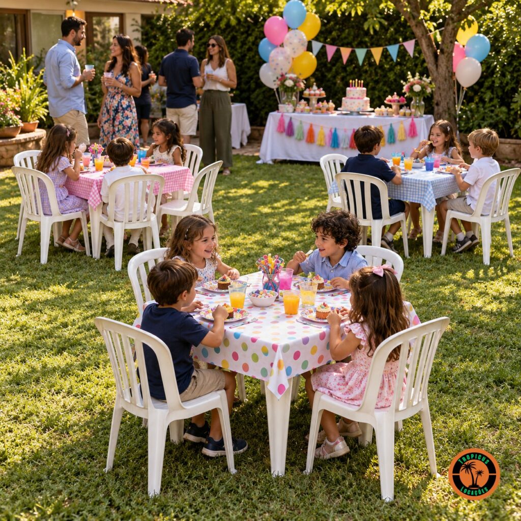 Crianças em volta de conjuntos de mesa e cadeiras plásticas brancas numa festa infantil no quintal