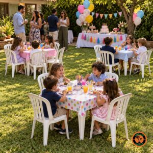 Crianças em volta de conjuntos de mesa e cadeiras plásticas brancas numa festa infantil no quintal