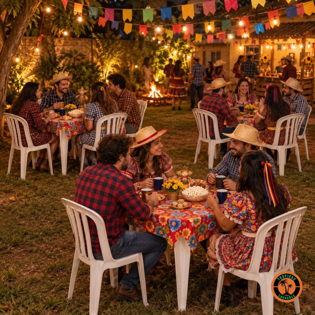 Conjuntos de mesa e cadeiras plásticas brancas com toalhas de chita numa festa junina à noite
