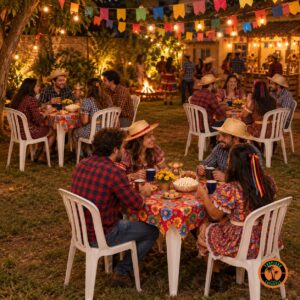 Conjuntos de mesa e cadeiras plásticas brancas com toalhas de chita numa festa junina à noite