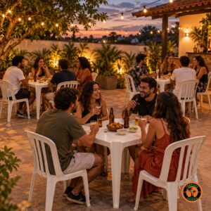 Amigos brindando em conjuntos de mesa e cadeiras plásticas brancas numa festa de boteco ao entardecer