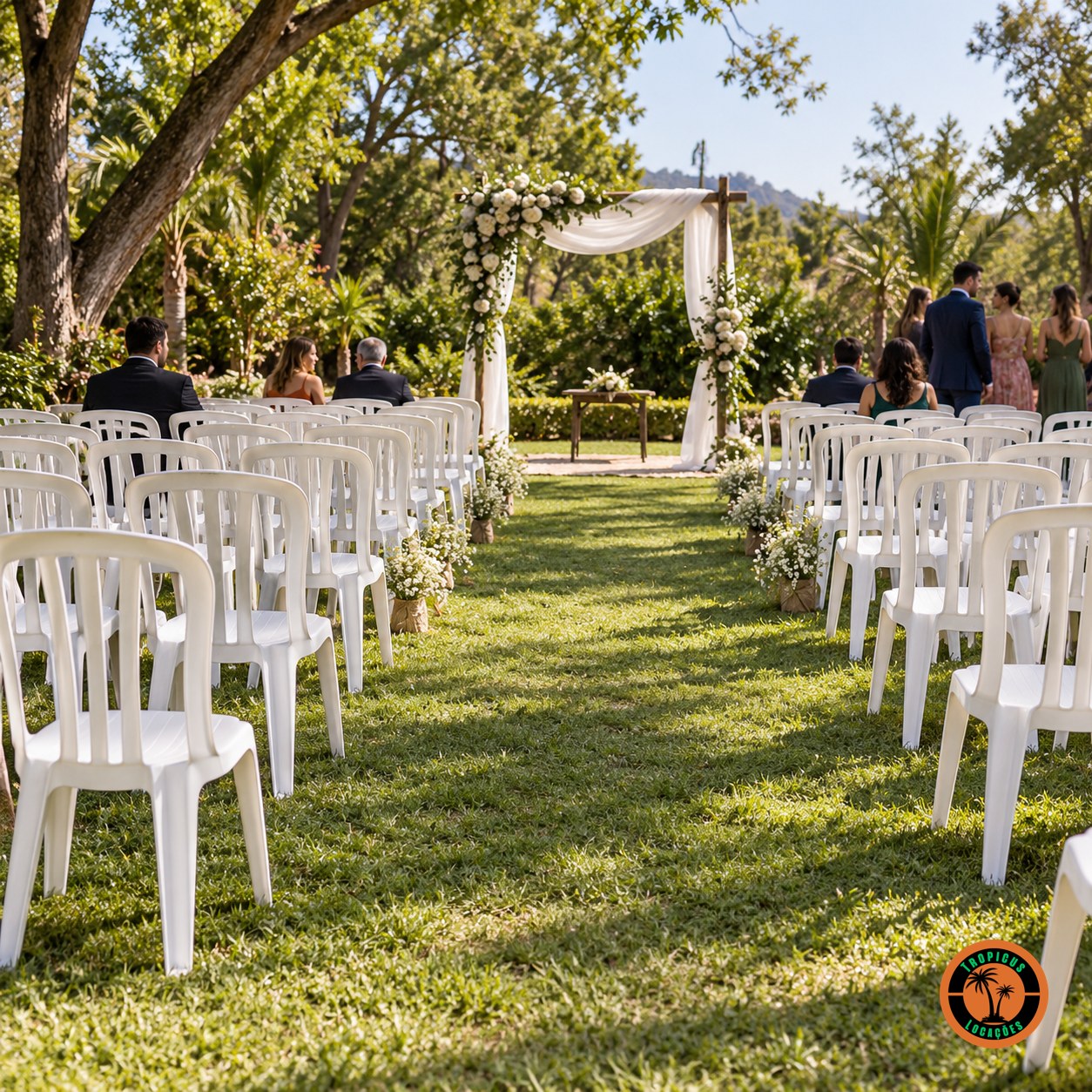 Fileiras de cadeiras plásticas brancas num jardim, dos dois lados do corredor de uma cerimônia de casamento
