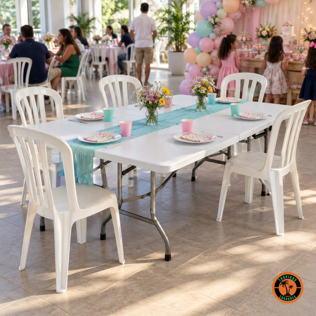 Cadeiras plásticas brancas em volta de mesas dobráveis brancas com trilho verde-água numa festa infantil com balões