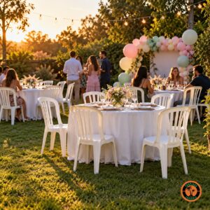 Cadeiras plásticas brancas em volta de mesas redondas com toalha branca numa festa de aniversário no jardim ao entardecer