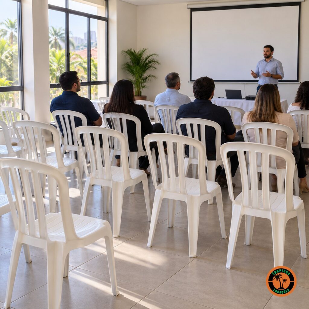 Cadeiras plásticas brancas em fileiras numa sala de palestra, com participantes e telão
