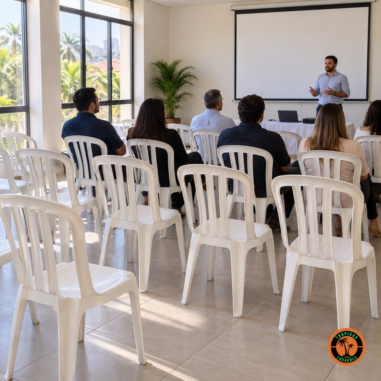Cadeiras plásticas brancas em fileiras numa sala de palestra, com participantes e telão