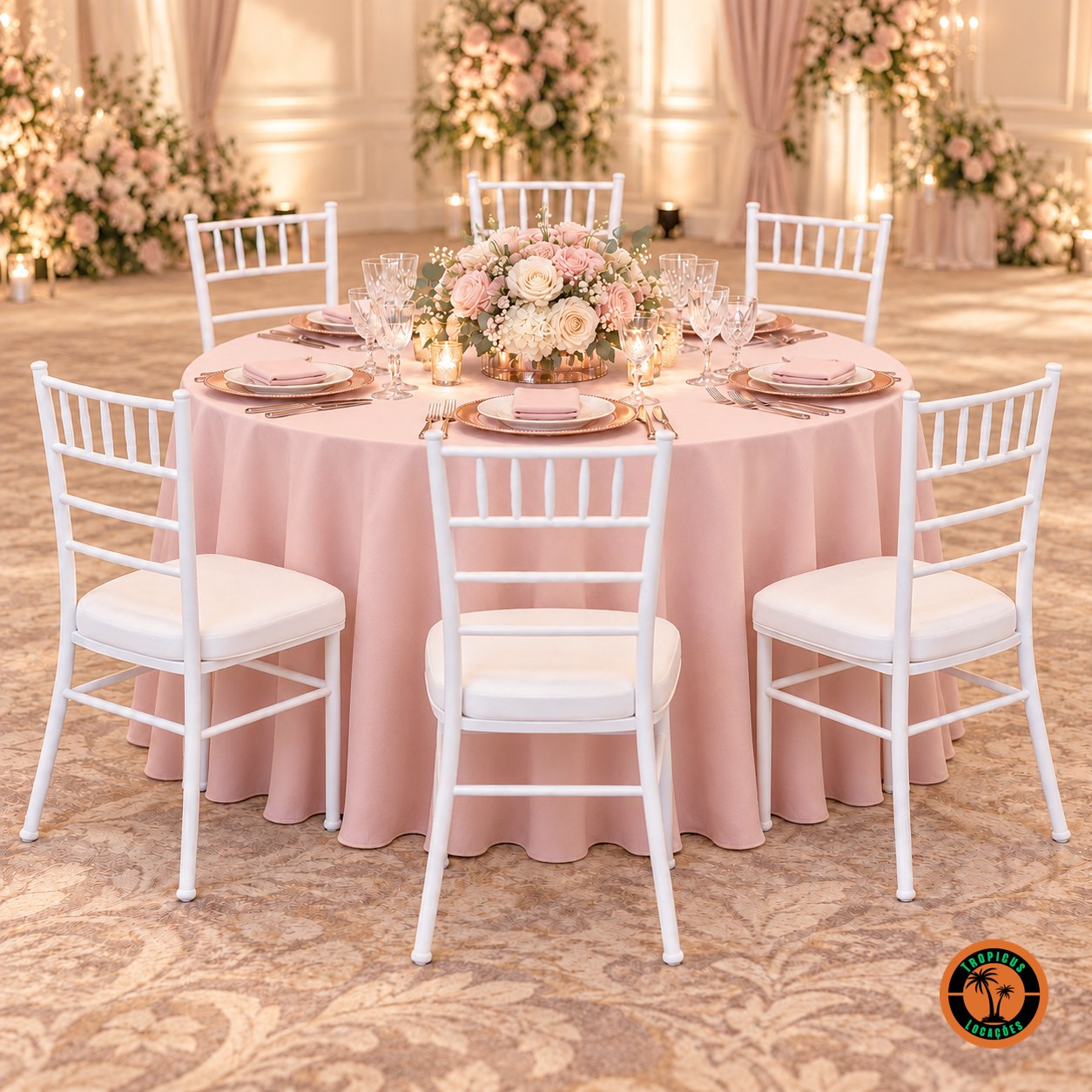 Seis cadeiras Tiffany brancas em volta de uma mesa redonda com toalha rosa e rosas no centro