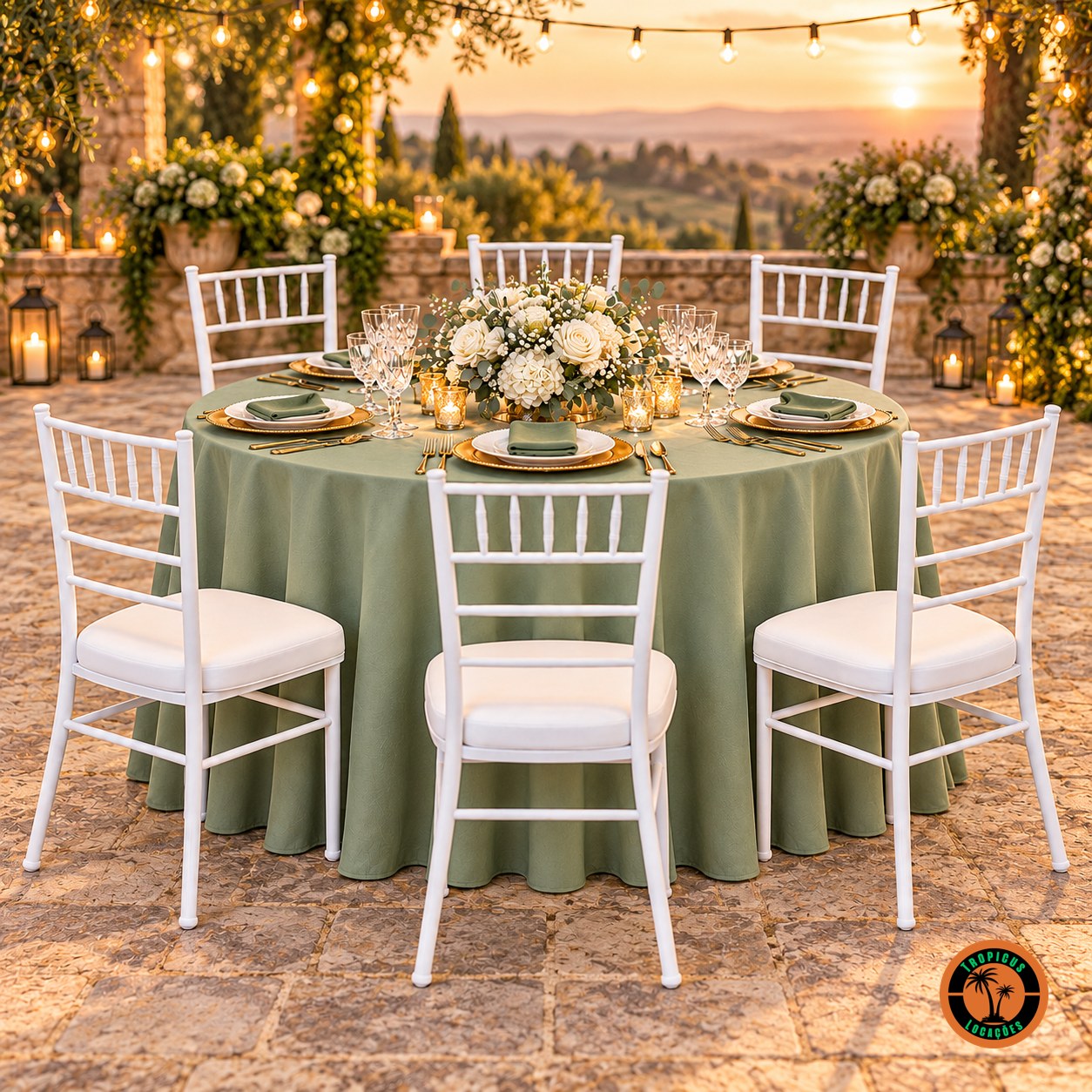 Cadeiras Tiffany brancas em volta de uma mesa redonda com toalha verde-sálvia num terraço ao entardecer