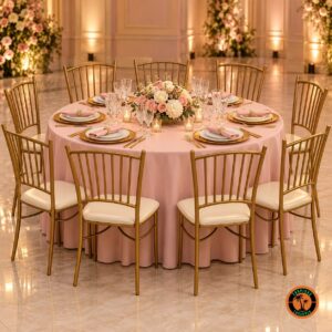 Oito cadeiras Tiffany douradas em volta de uma mesa redonda com toalha rosa e rosas no centro