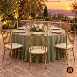 Cadeiras Tiffany douradas em volta de uma mesa redonda com toalha verde-sálvia num terraço ao entardecer