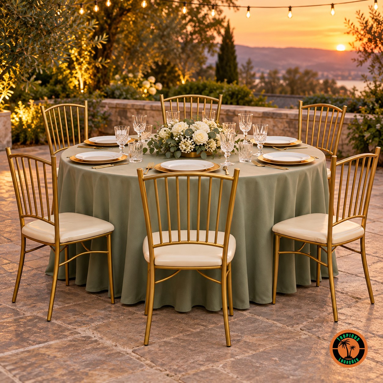 Cadeiras Tiffany douradas em volta de uma mesa redonda com toalha verde-sálvia num terraço ao entardecer