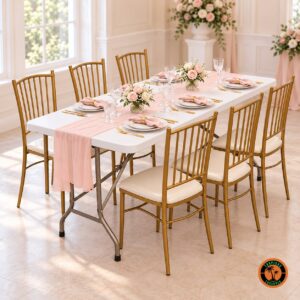 Seis cadeiras Tiffany douradas em volta da mesa dobrável branca com trilho rosa e rosas