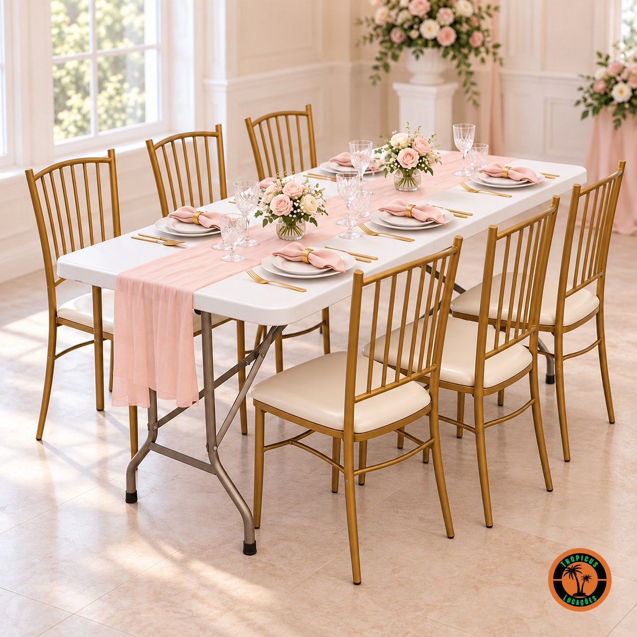 Seis cadeiras Tiffany douradas em volta da mesa dobrável branca com trilho rosa e rosas