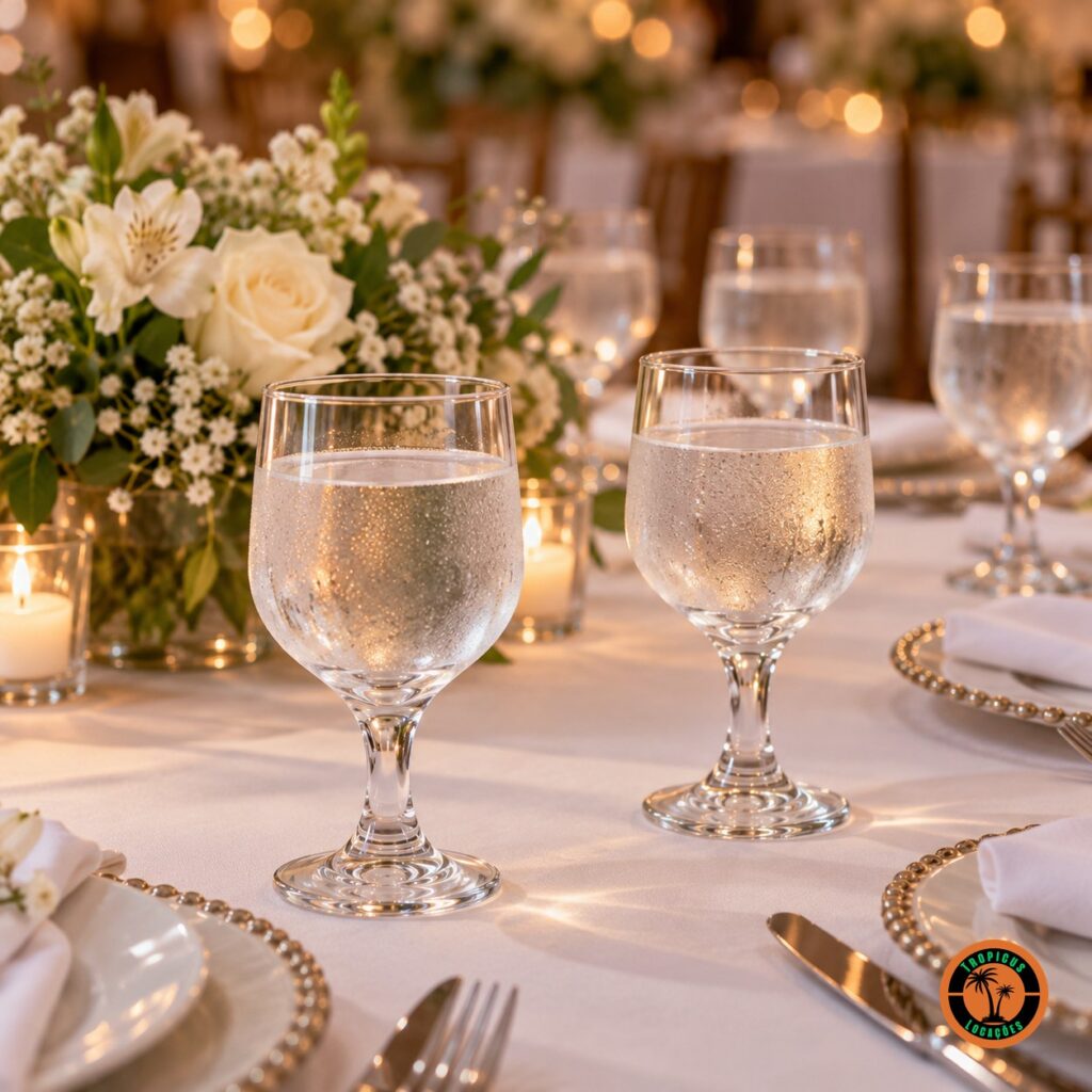 Mesa de casamento com taças Água Bistrô servidas com água, sousplat prateado e flores brancas