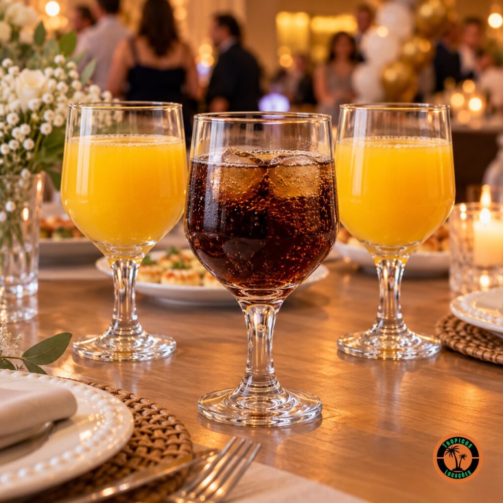 Festa de aniversário com taças Água Bistrô servidas com suco de laranja e refrigerante