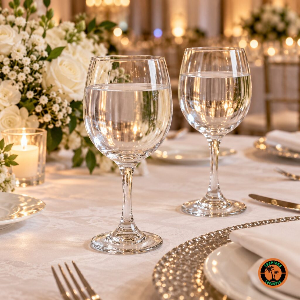 Mesa de casamento com taças Vinho Tinto Premiére servidas com água, sousplat prateado e flores brancas