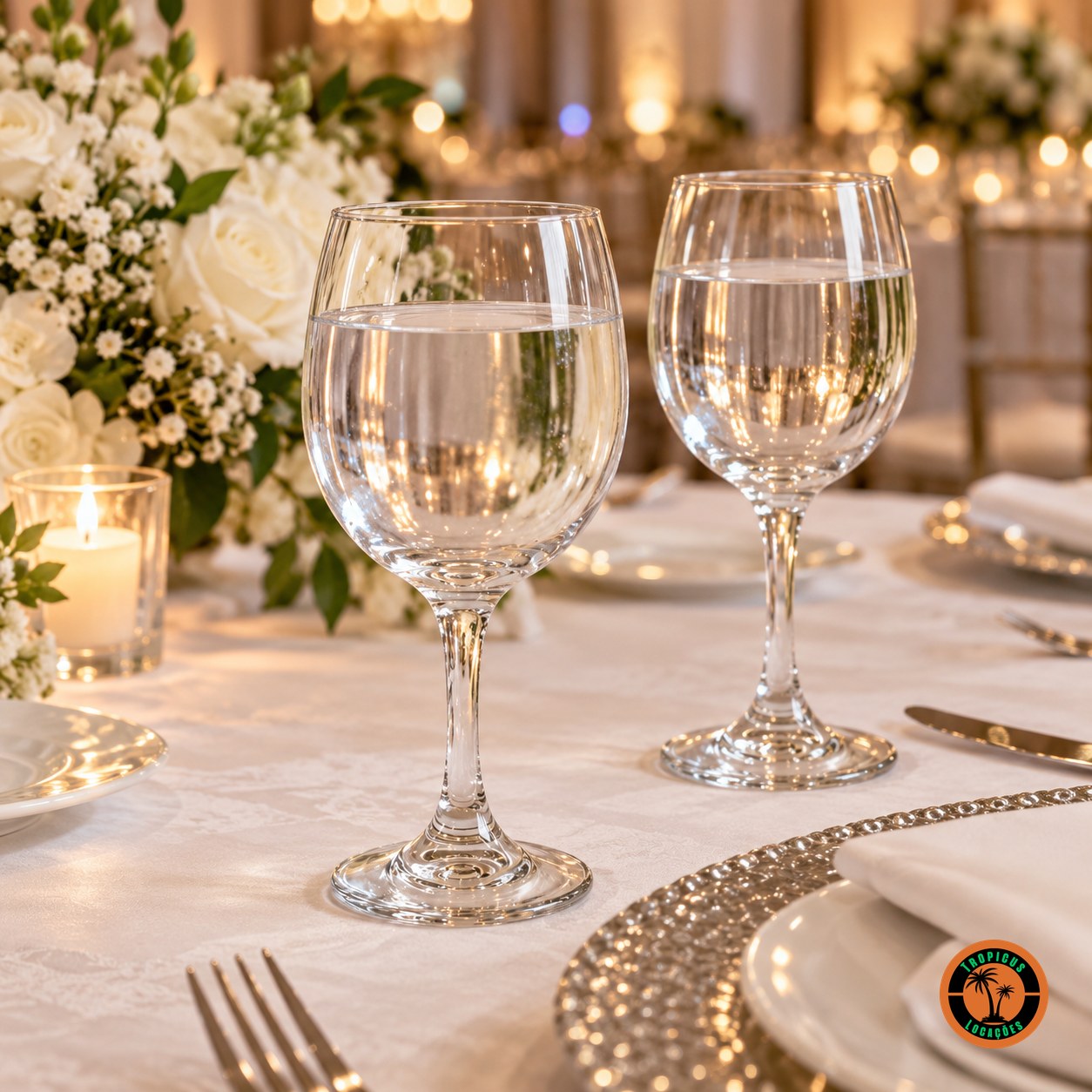 Mesa de casamento com taças Vinho Tinto Premiére servidas com água, sousplat prateado e flores brancas