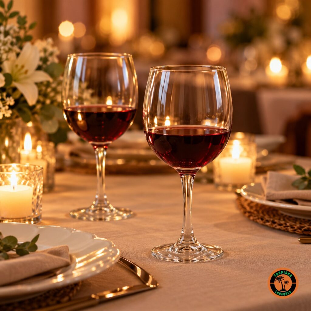 Jantar de aniversário à luz de velas com taças Vinho Tinto Premiére servidas com vinho tinto