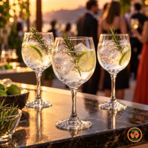 Taças Vinho Tinto Premiére com gin tônica, limão e alecrim num balcão de bar ao entardecer