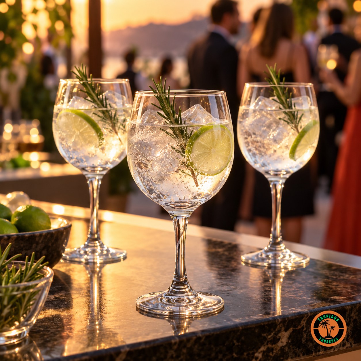 Taças Vinho Tinto Premiére com gin tônica, limão e alecrim num balcão de bar ao entardecer