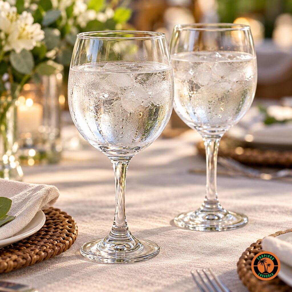 Duas taças Vinho Tinto Premiére com água e gelo numa mesa posta com sousplat de fibra