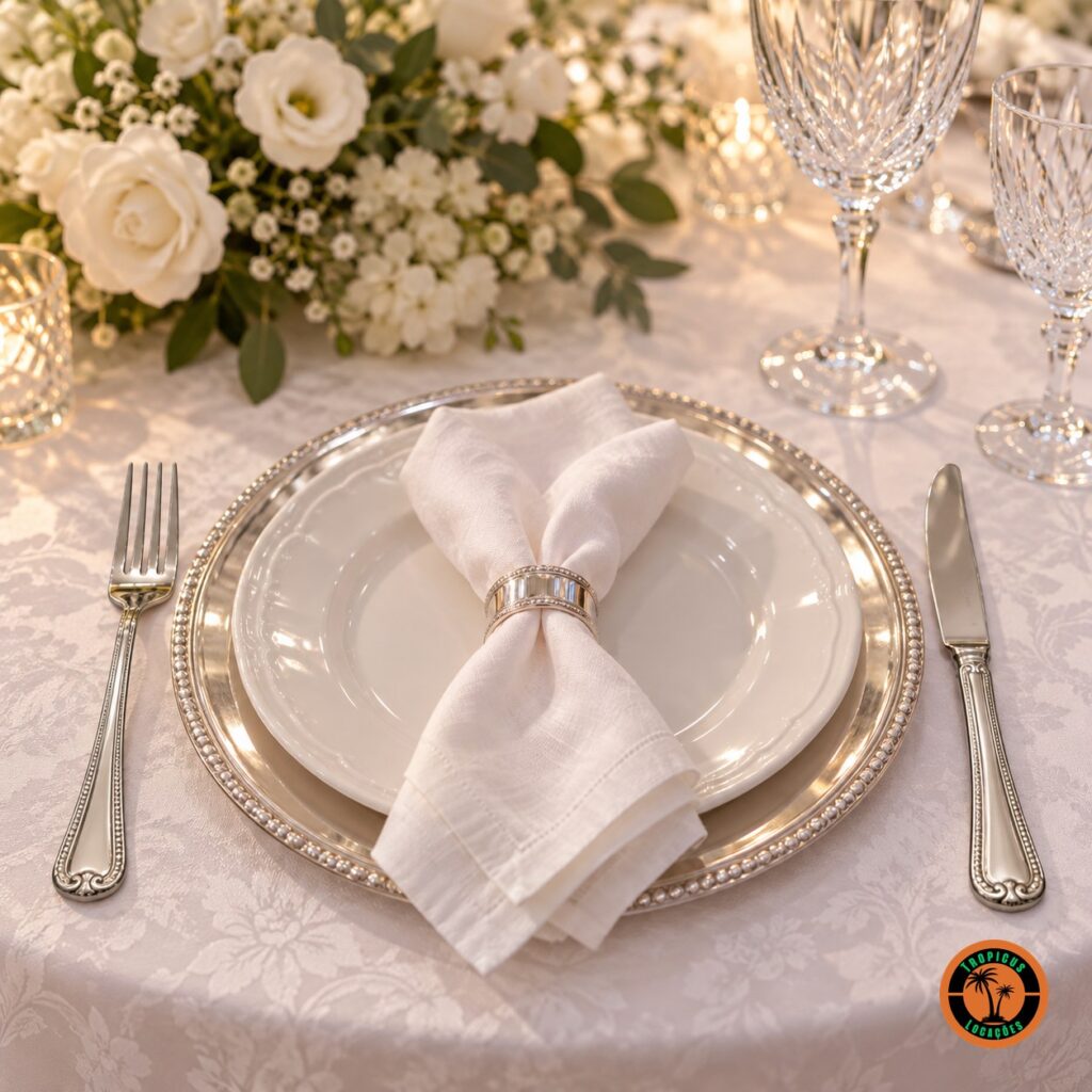 Mesa de casamento com garfo e faca de inox modelo Astúria, sousplat prateado e flores brancas