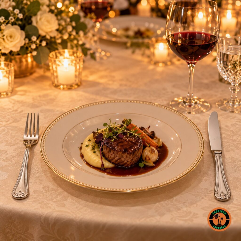 Jantar de bodas à luz de velas com garfo e faca de inox modelo Astúria