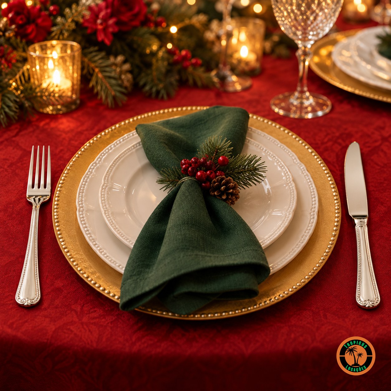 Ceia de Natal com garfo e faca de inox modelo Astúria, toalha vermelha e sousplat dourado