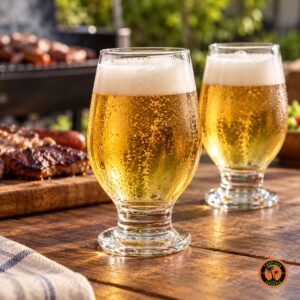 Taças Água Bojuda com cerveja e colarinho numa mesa de churrasco ao ar livre