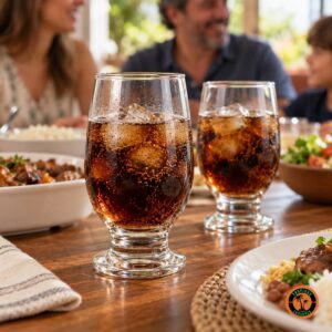 Almoço de domingo em família com taças Água Bojuda servidas com refrigerante e gelo