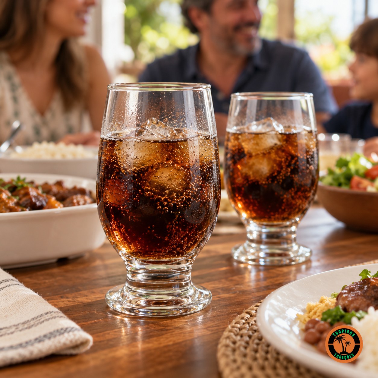 Almoço de domingo em família com taças Água Bojuda servidas com refrigerante e gelo